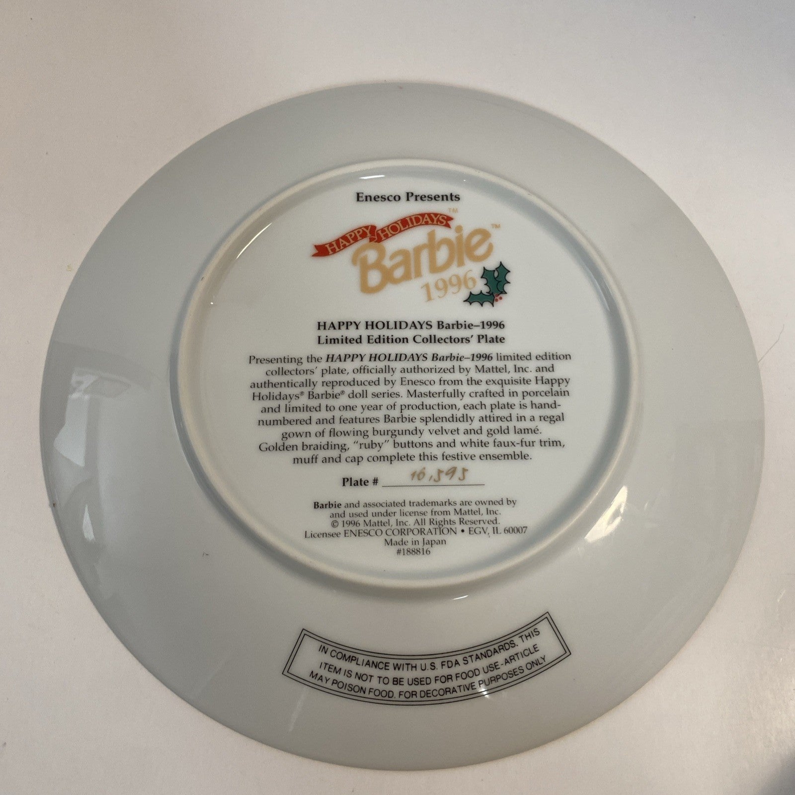 Enesco 1996 Happy Holidays Barbie Collectors Plate - Limited Edition #16393
