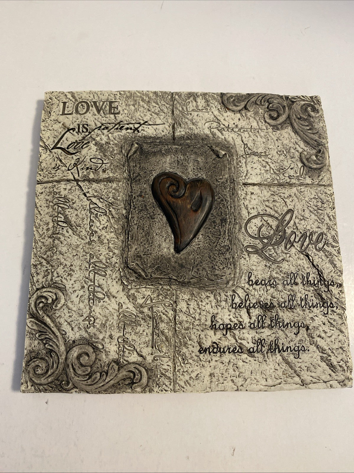 Plaster wall hanging love bears all things white in color 7 x 7”