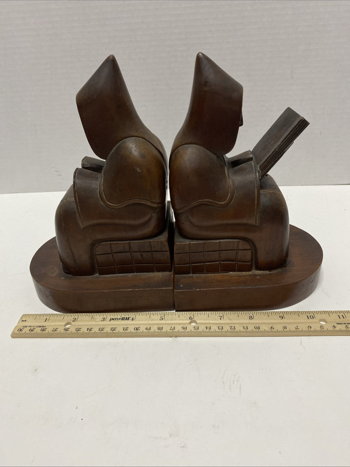 Vintage Hand Carved Wooden Monk Bookends Mid century dark wood christian hermit