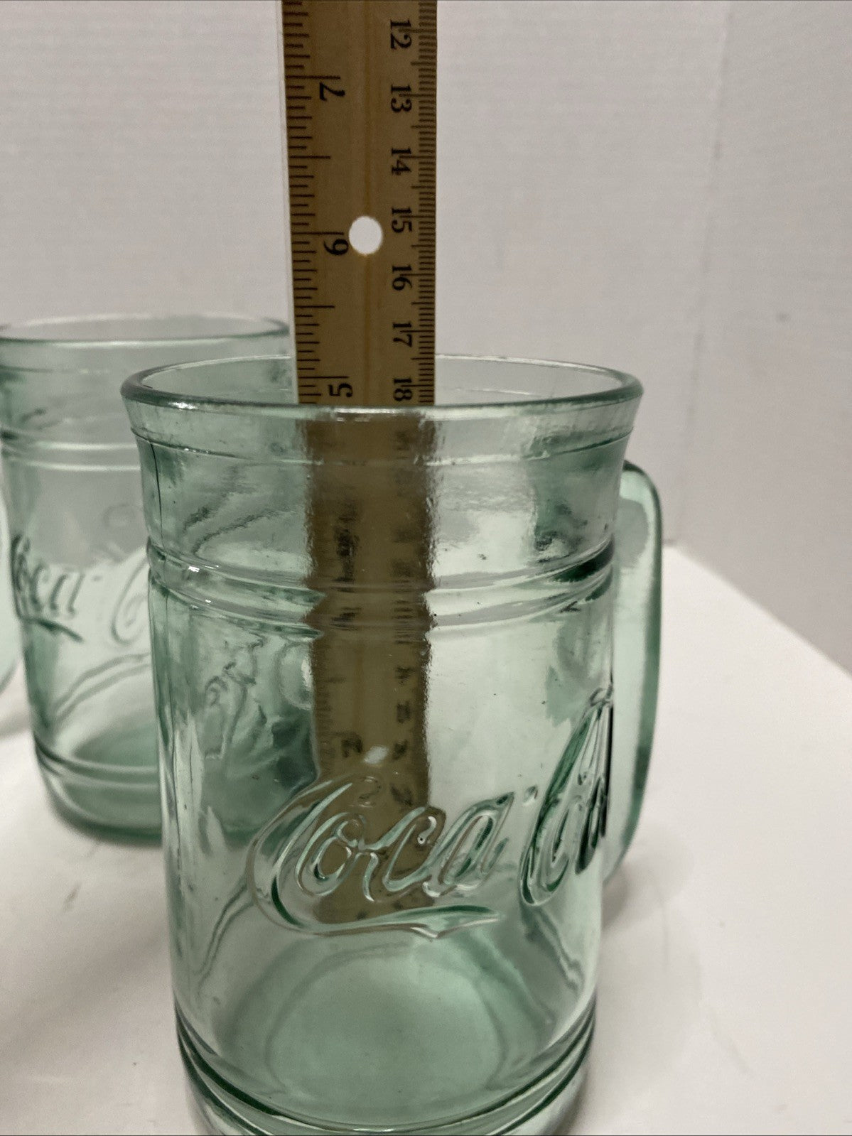 Set of 4 Vintage COCA-COLA Green Glass Coke Mugs Stein w/ Handle 16 oz Heavy