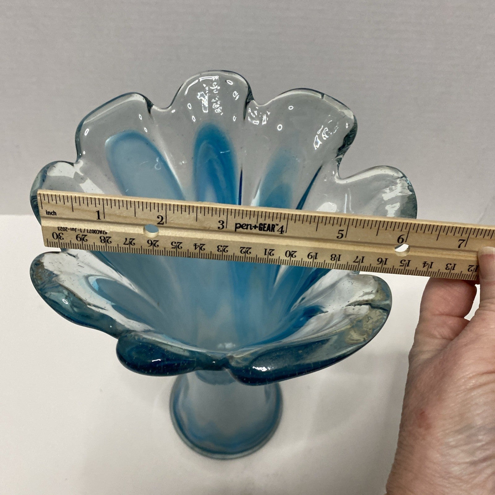 Vintage Hand Blown Art Glass Blue & White Swirl Design 11” Vase
