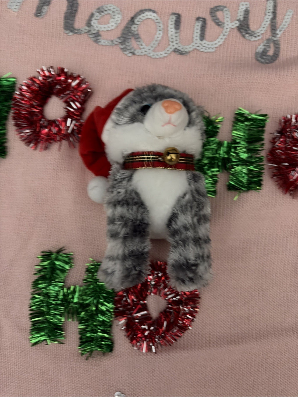 NOBO Ugly Christmas Sweater Pink Plush Cat Ho Ho Ho XL (15-17) NWT Meowy Christm