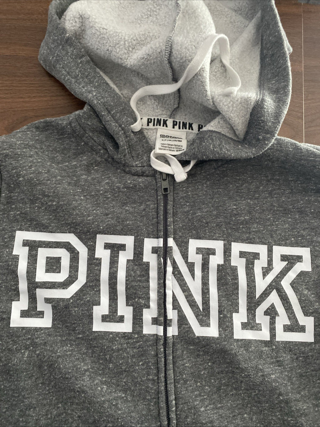 PINK Women Sweatshirt Small Gray Hoodie Logo Spellout Full Zip