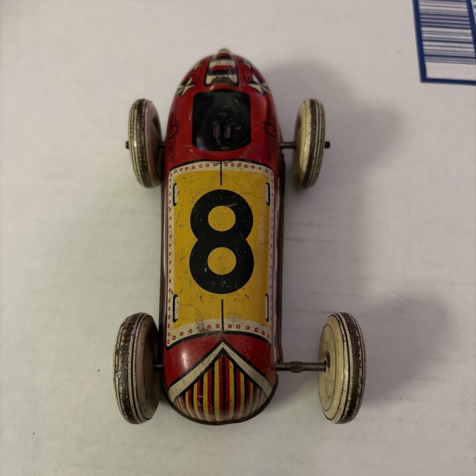 Vintage Lupor Red Yellow Toy Tin Race Car no. 8 No Driver