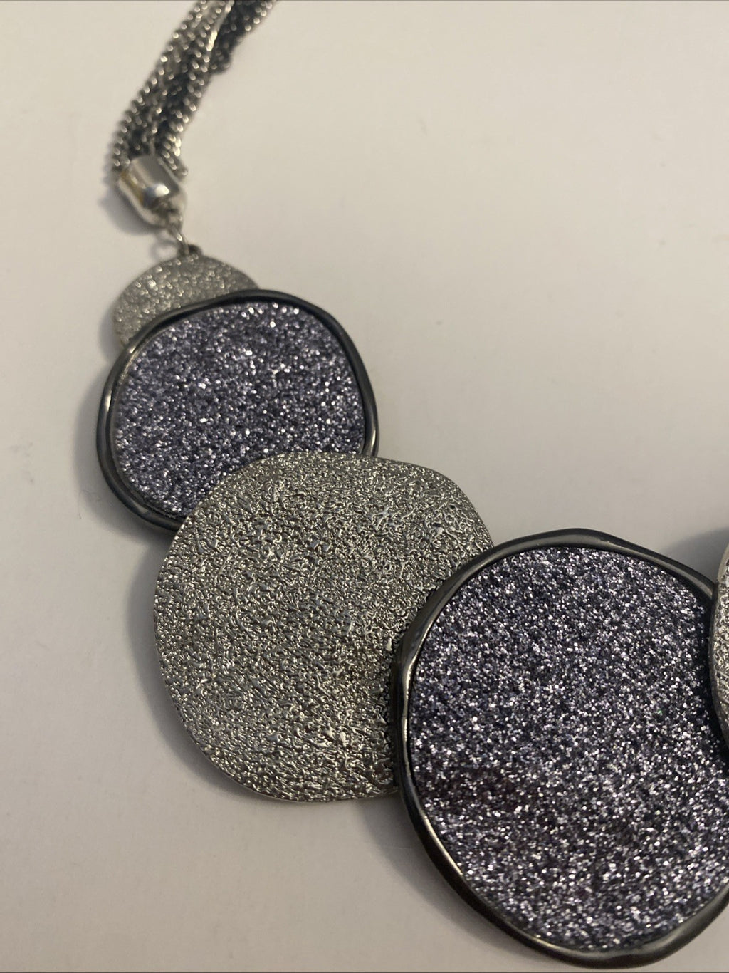 Shimmer Statement Collar Necklace with Silver Tone Disk Pedants