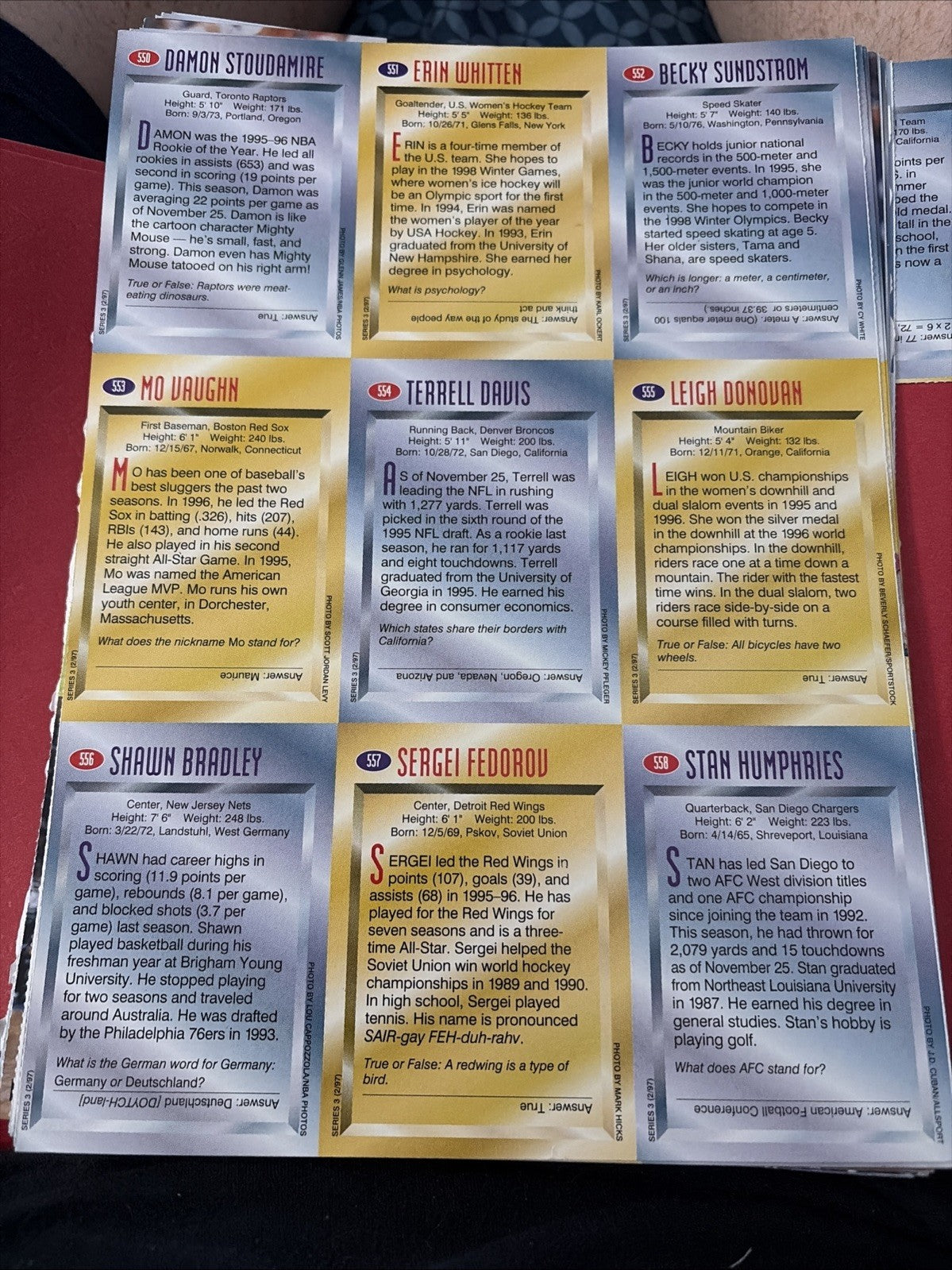 Sports illustrated for Kids February 1997 Uncut Card Sheet - Federov, Davis