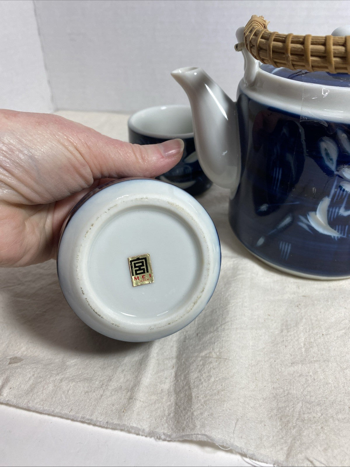Vintage MCI Japan Blue Ceramic Teapot and Cup Set with White Etched Deer Design
